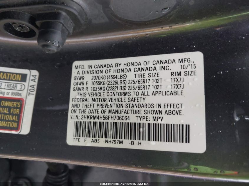 2015 Honda Cr-V Ex VIN: 2HKRM4H56FH706064 Lot: 43961008