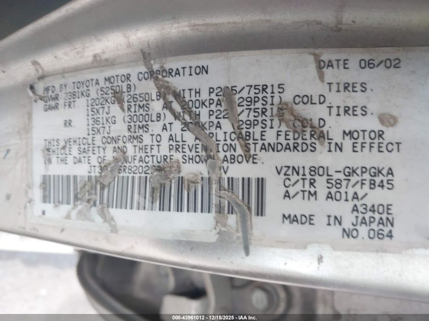 2002 Toyota 4Runner Sr5 V6 VIN: JT3GN86R820255104 Lot: 43961012