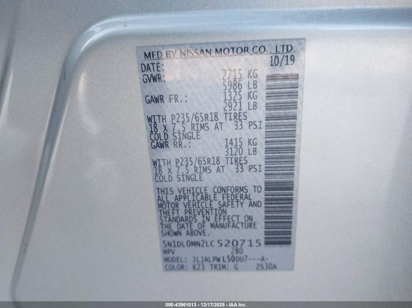 2020 Infiniti Qx60 Pure VIN: 5N1DL0MN2LC520715 Lot: 43961013