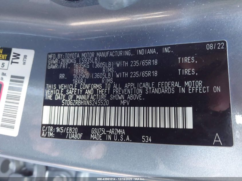 2022 Toyota Highlander Xle VIN: 5TDGZRBHXNS245520 Lot: 43961014