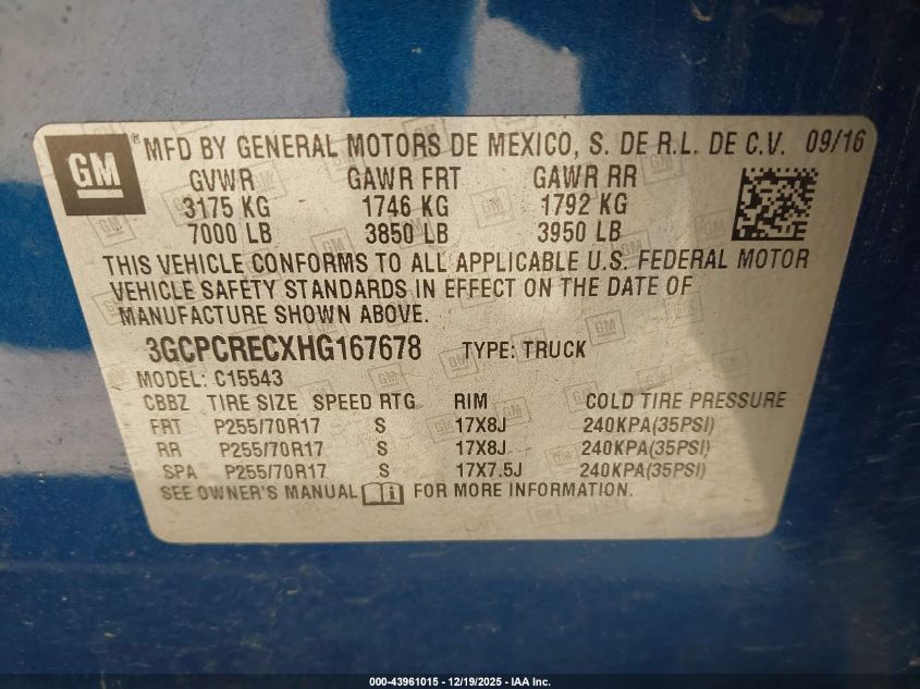2017 Chevrolet Silverado 1500 1Lt VIN: 3GCPCRECXHG167678 Lot: 43961015
