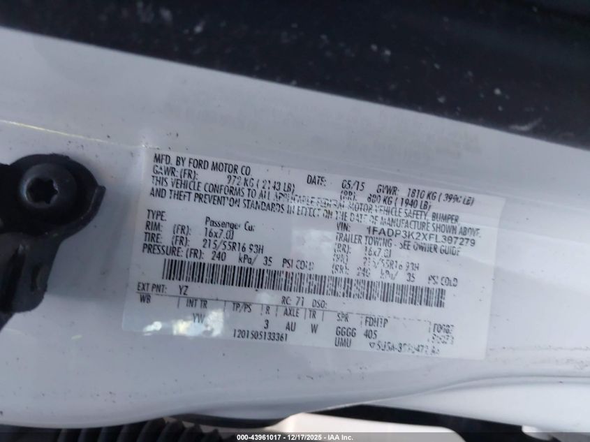 2015 Ford Focus Se VIN: 1FADP3K2XFL307279 Lot: 43961017