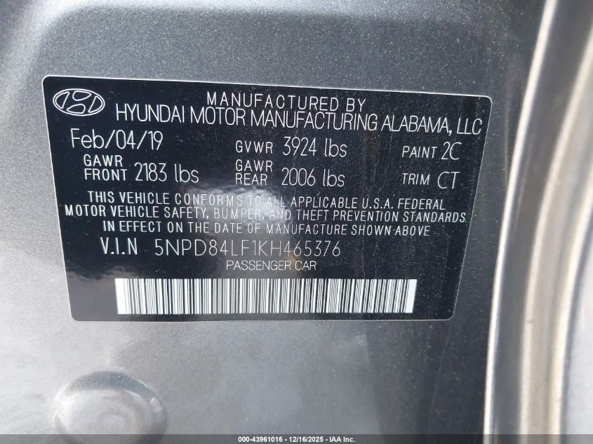 2019 Hyundai Elantra Sel VIN: 5NPD84LF1KH465376 Lot: 43961016