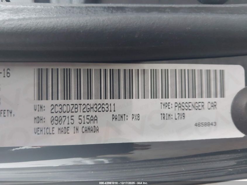 2016 Dodge Challenger R/T VIN: 2C3CDZBT2GH326311 Lot: 43961018