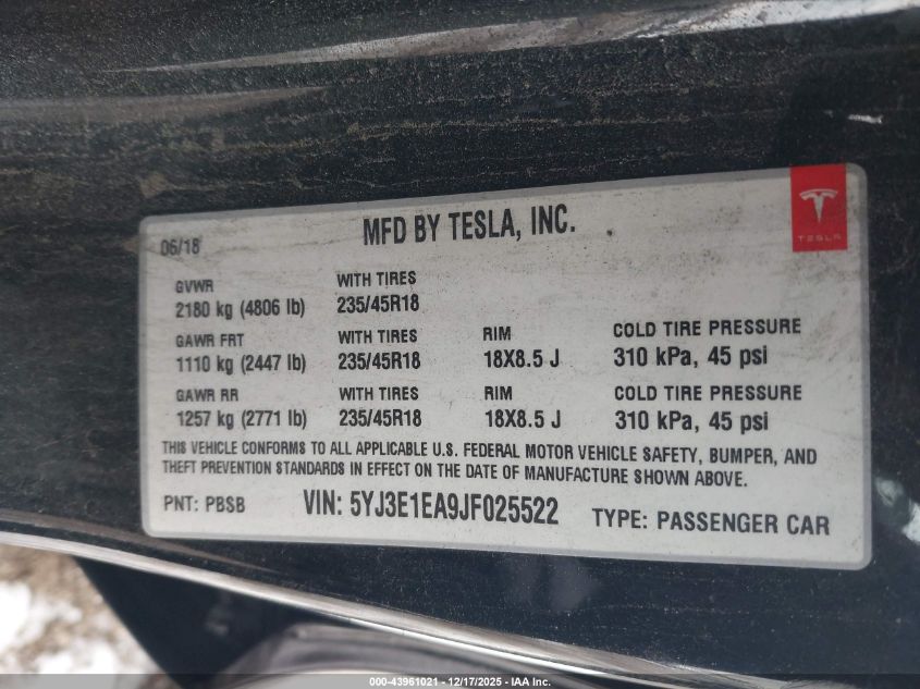2018 Tesla Model 3 Long Range/Mid Range VIN: 5YJ3E1EA9JF025522 Lot: 43961021