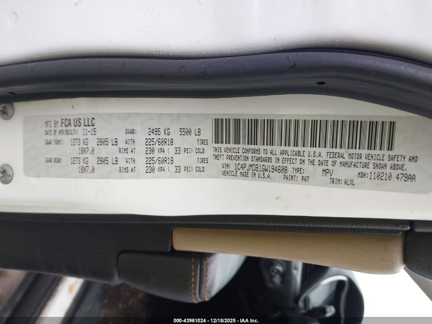 2016 Jeep Cherokee Limited VIN: 1C4PJMDB1GW194608 Lot: 43961024