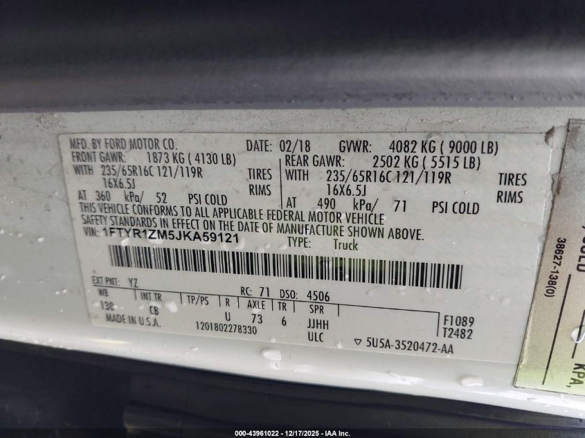 2018 Ford Transit Van Base W/60/40 Pass-Side Cargo Doors VIN: 1FTYR1ZM5JKA59121 Lot: 43961022