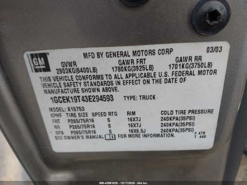 2003 Chevrolet Silverado 1500 Ls VIN: 1GCEK19T43E294593 Lot: 43961025