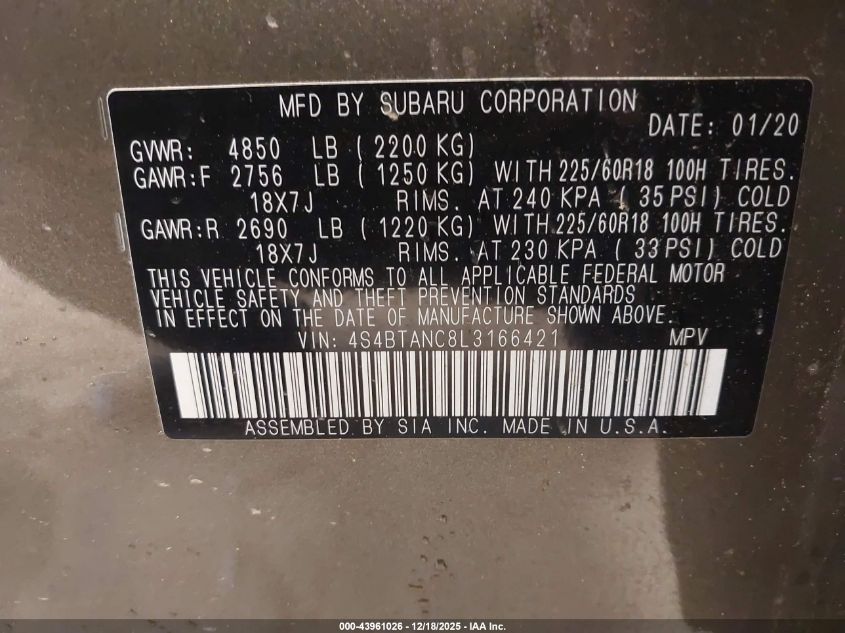 2020 Subaru Outback Limited VIN: 4S4BTANC8L3166421 Lot: 43961026