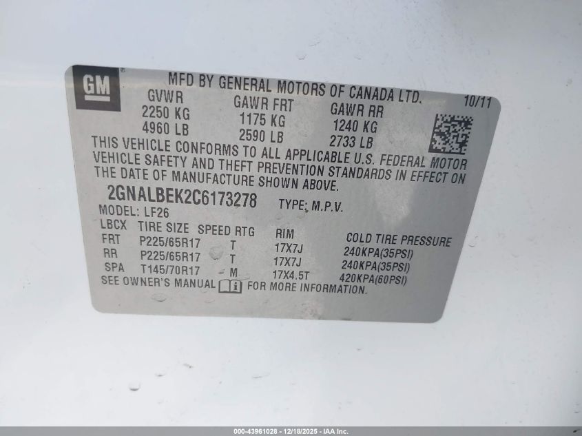 2012 Chevrolet Equinox Ls VIN: 2GNALBEK2C6173278 Lot: 43961028