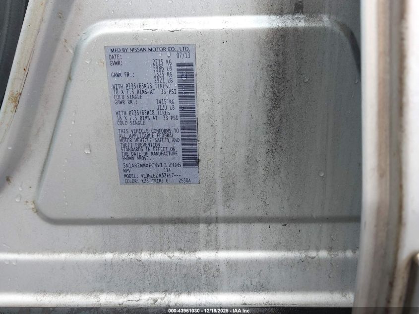 2014 Nissan Pathfinder Sv VIN: 5N1AR2MMXEC611206 Lot: 43961030