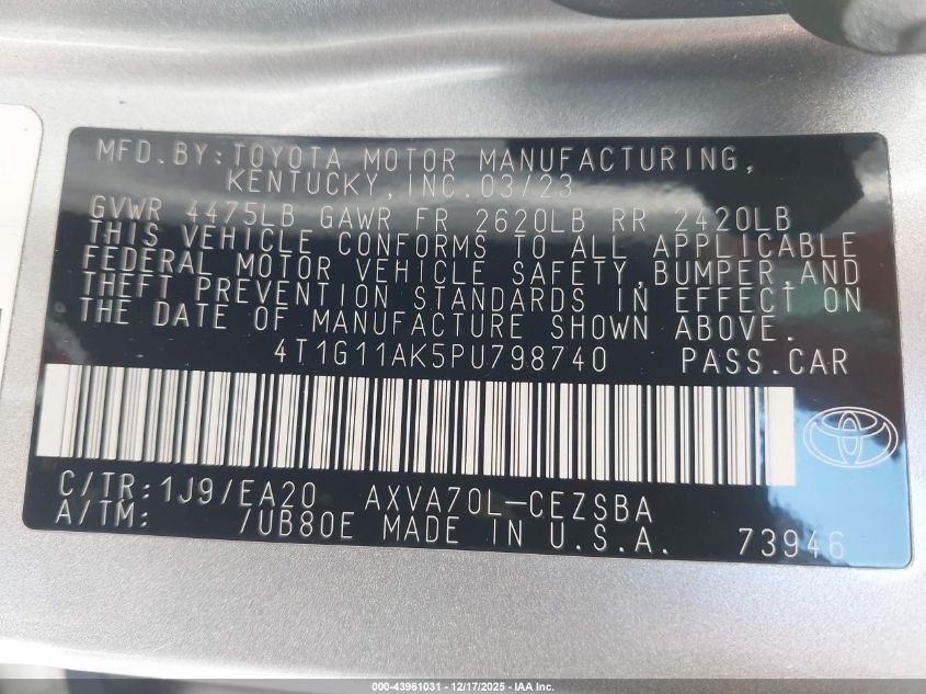 2023 Toyota Camry Se VIN: 4T1G11AK5PU798740 Lot: 43961031