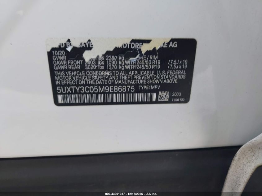2021 BMW X3 Sdrive30I VIN: 5UXTY3C05M9E86875 Lot: 43961037