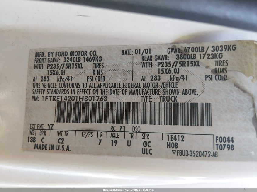 2001 Ford E-150 Commercial/Recreational VIN: 1FTRE14201HB01763 Lot: 43961038