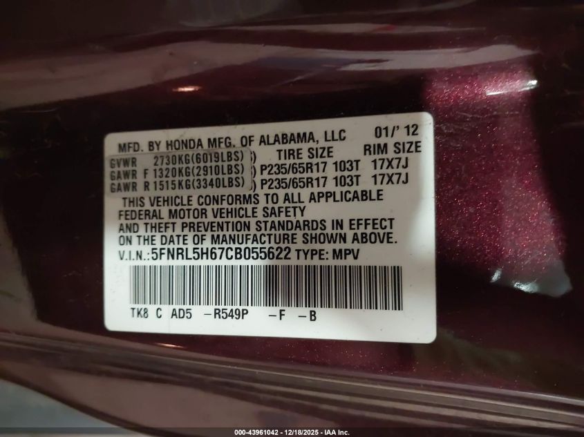 2012 Honda Odyssey Ex-L VIN: 5FNRL5H67CB055622 Lot: 43961042