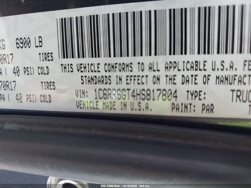 2017 Ram 1500 Slt 4X2 6'4 Box VIN: 1C6RR6GT4HS817804 Lot: 43961044