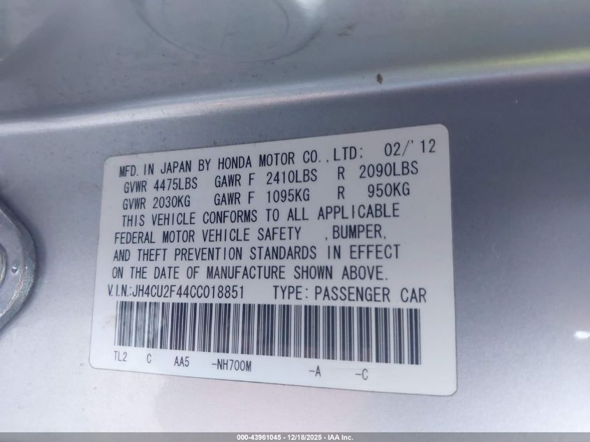 2012 Acura Tsx 2.4 VIN: JH4CU2F44CC018851 Lot: 43961045