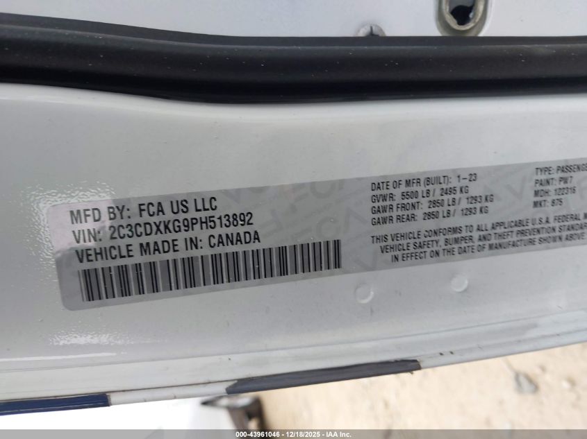 2023 Dodge Charger Police Awd VIN: 2C3CDXKG9PH513892 Lot: 43961046