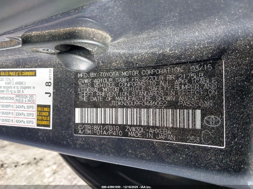 2015 Toyota Prius Three VIN: JTDKN3DU9F0446052 Lot: 43961050