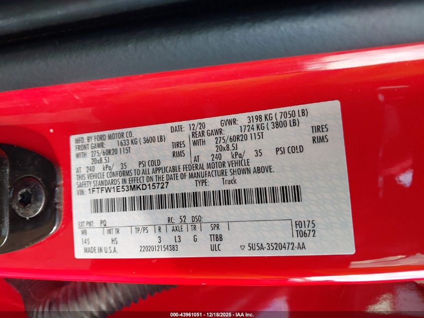 2021 Ford F-150 Lariat VIN: 1FTFW1E53MKD15727 Lot: 43961051