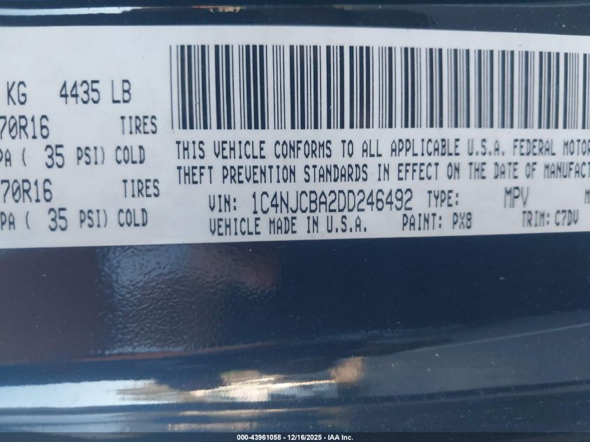 2013 Jeep Compass Sport VIN: 1C4NJCBA2DD246492 Lot: 43961058