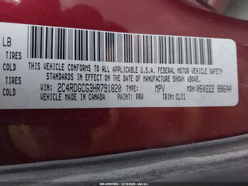 2017 Dodge Grand Caravan Sxt VIN: 2C4RDGCG3HR791820 Lot: 43961062