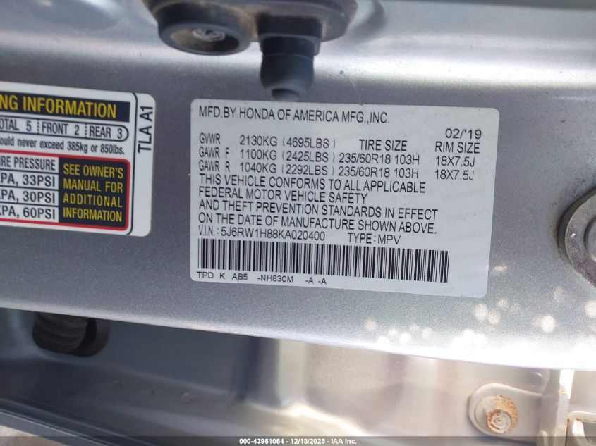 2019 Honda Cr-V Ex-L VIN: 5J6RW1H88KA020400 Lot: 43961064