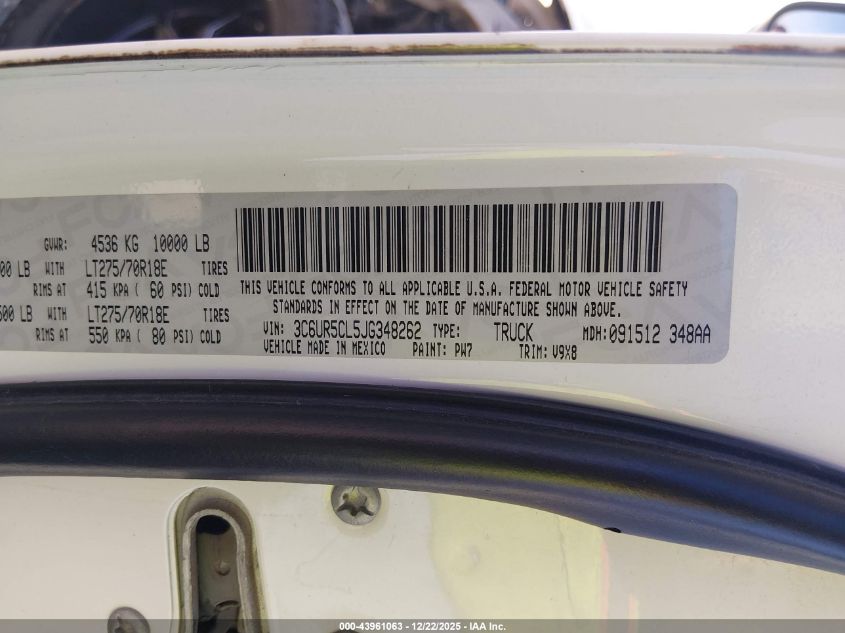 2018 Ram 2500 Tradesman 4X4 6'4 Box VIN: 3C6UR5CL5JG348262 Lot: 43961063