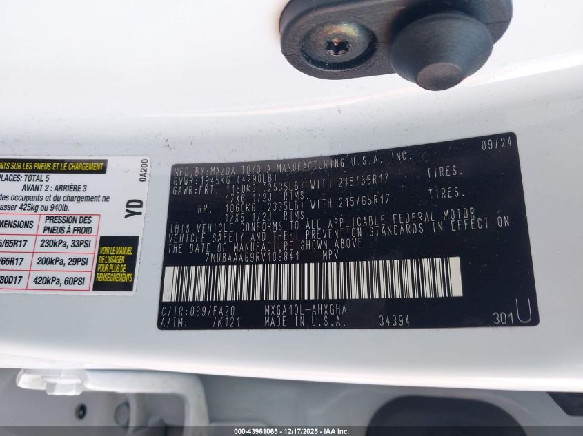 2024 Toyota Corolla Cross Le VIN: 7MUBAAAG9RV109841 Lot: 43961065