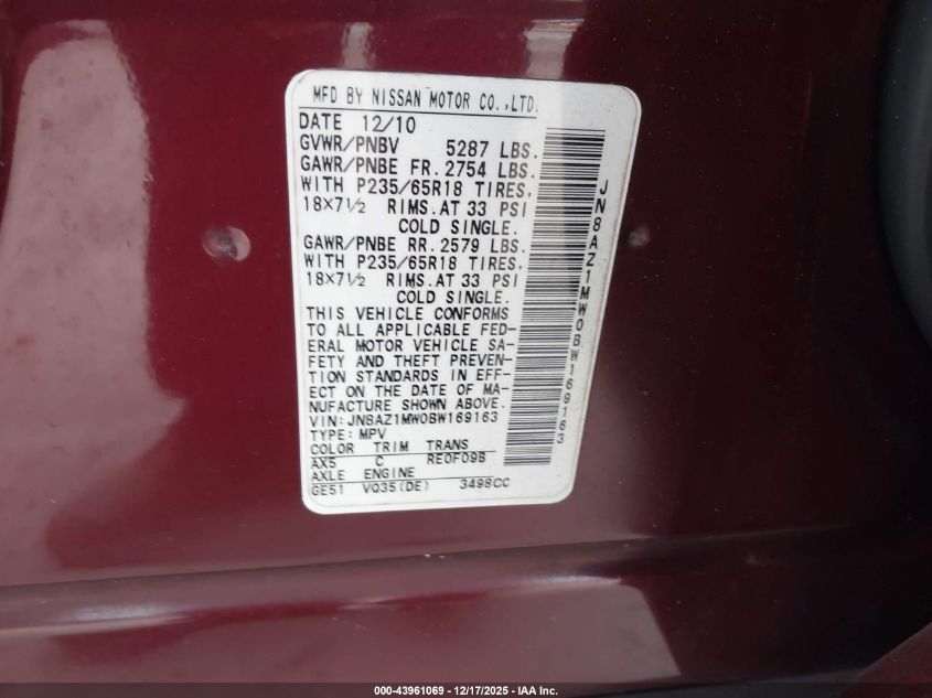 2011 Nissan Murano Sl VIN: JN8AZ1MW0BW169163 Lot: 43961069