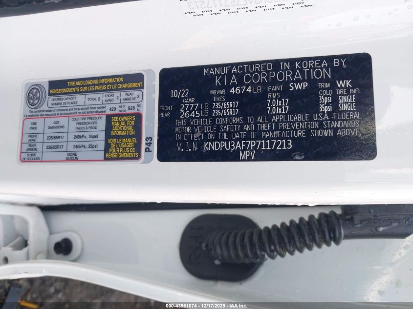 2023 Kia Sportage Lx VIN: KNDPU3AF7P7117213 Lot: 43961074