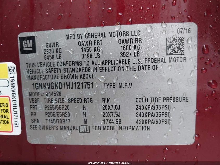 2017 Chevrolet Traverse 1Lt VIN: 1GNKVGKD1HJ121751 Lot: 43961079