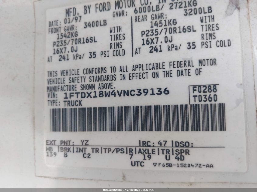 1997 Ford F-150 Lariat/Xl/Xlt VIN: 1FTDX18W4VNC39136 Lot: 43961080