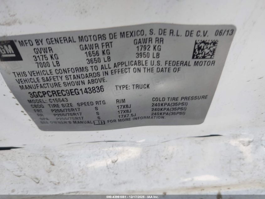 2014 Chevrolet Silverado 1500 1Lt VIN: 3GCPCREC9EG143836 Lot: 43961081