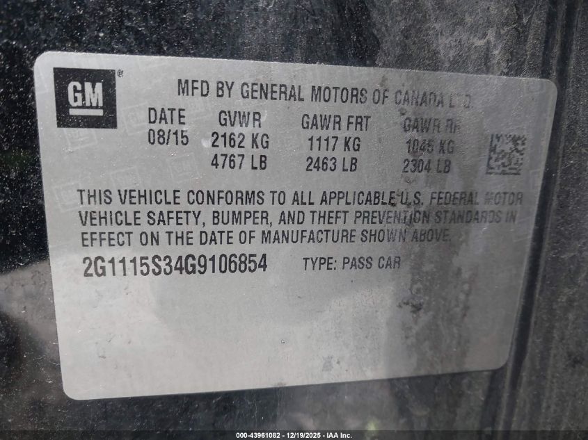 2016 Chevrolet Impala 2Lt VIN: 2G1115S34G9106854 Lot: 43961082
