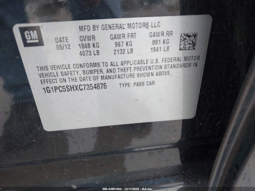 2012 Chevrolet Cruze Ls VIN: 1G1PC5SHXC7354876 Lot: 43961084