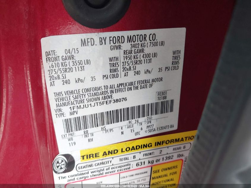 2015 Ford Expedition King Ranch VIN: 1FMJU1JT5FEF38076 Lot: 43961086