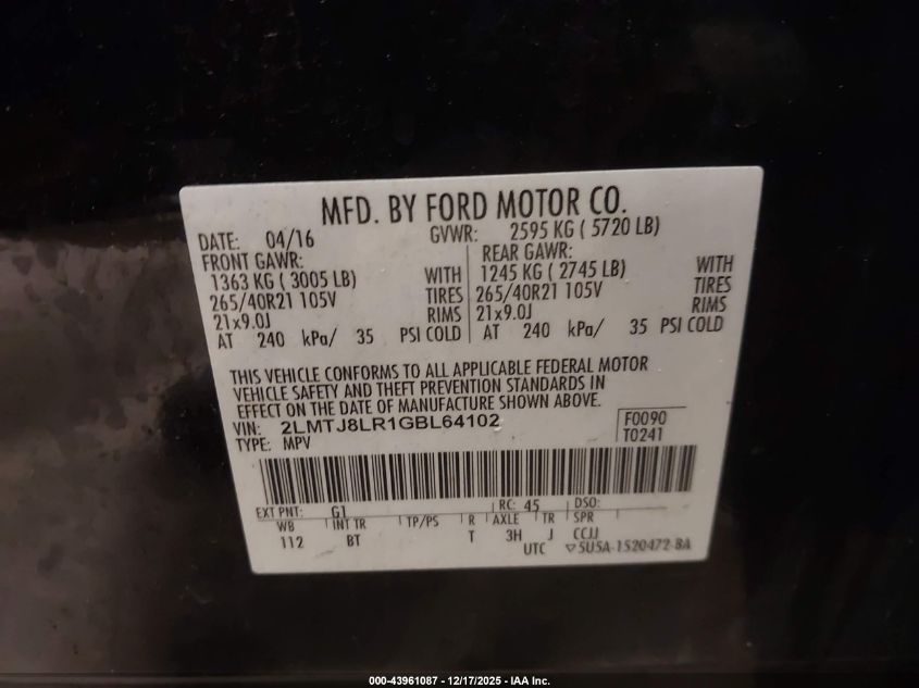 2016 Lincoln Mkx Reserve VIN: 2LMTJ8LR1GBL64102 Lot: 43961087