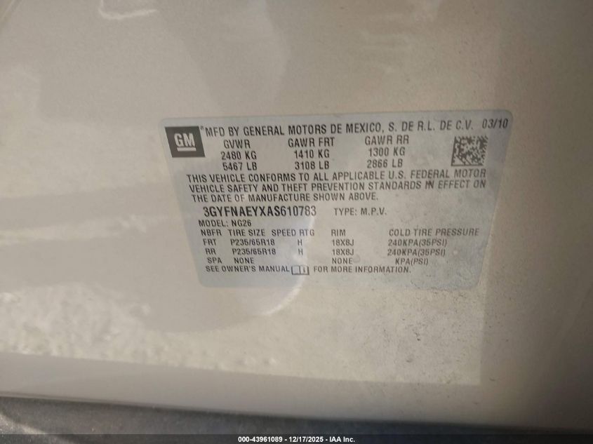 2010 Cadillac Srx Luxury Collection VIN: 3GYFNAEYXAS610783 Lot: 43961089