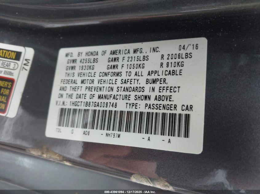 2016 Honda Accord Ex-L VIN: 1HGCT1B87GA009748 Lot: 43961094