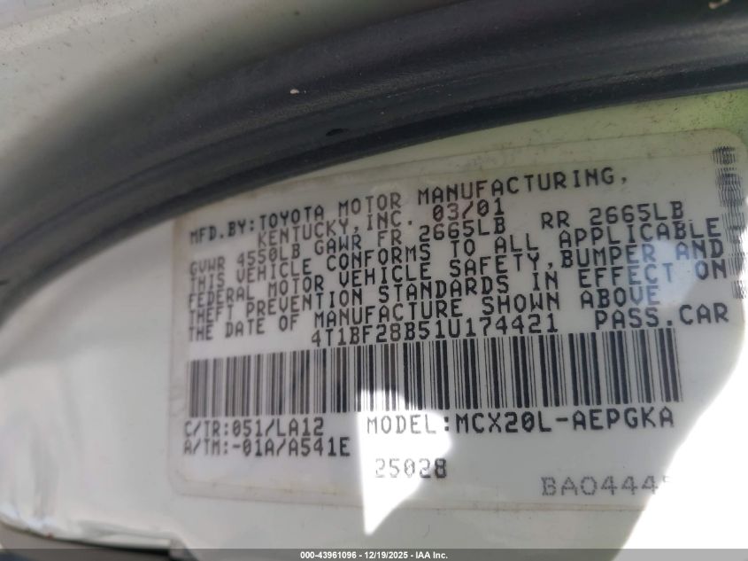 2001 Toyota Avalon Xls VIN: 4T1BF28B51U174421 Lot: 43961096