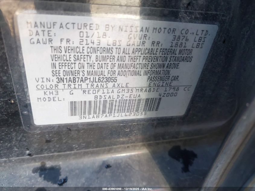 2018 Nissan Sentra Sv VIN: 3N1AB7AP1JL623055 Lot: 43961098