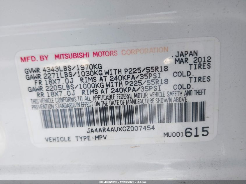 2012 Mitsubishi Outlander Sport Se VIN: JA4AR4AUXCZ007454 Lot: 43961099