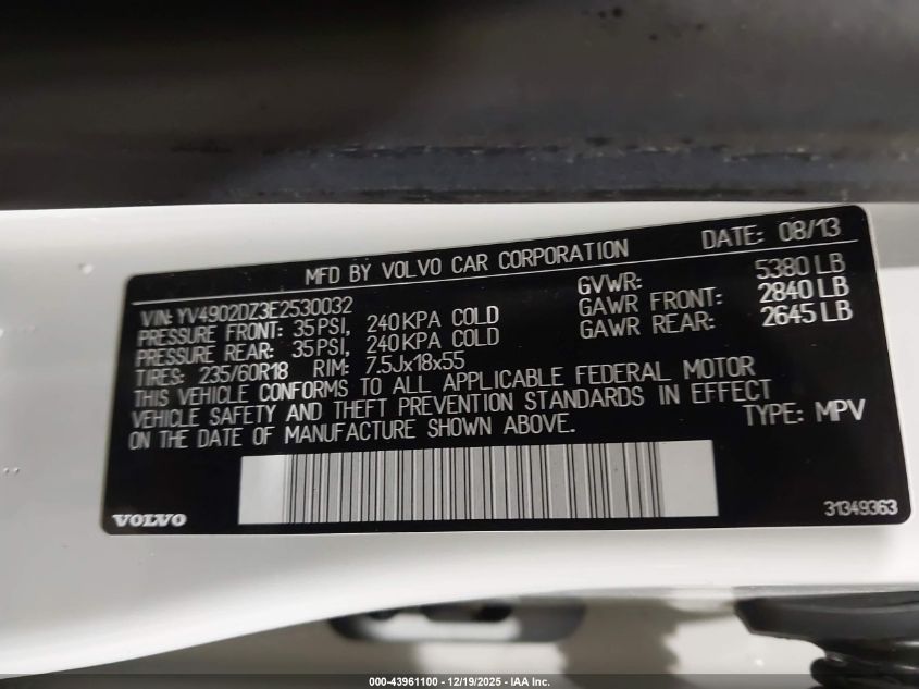 2014 Volvo Xc60 T6 R-Design VIN: YV4902DZ3E2530032 Lot: 43961100