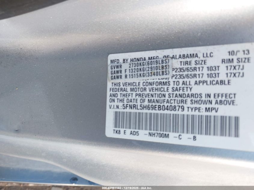 2014 Honda Odyssey Ex-L VIN: 5FNRL5H69EB040879 Lot: 43961102