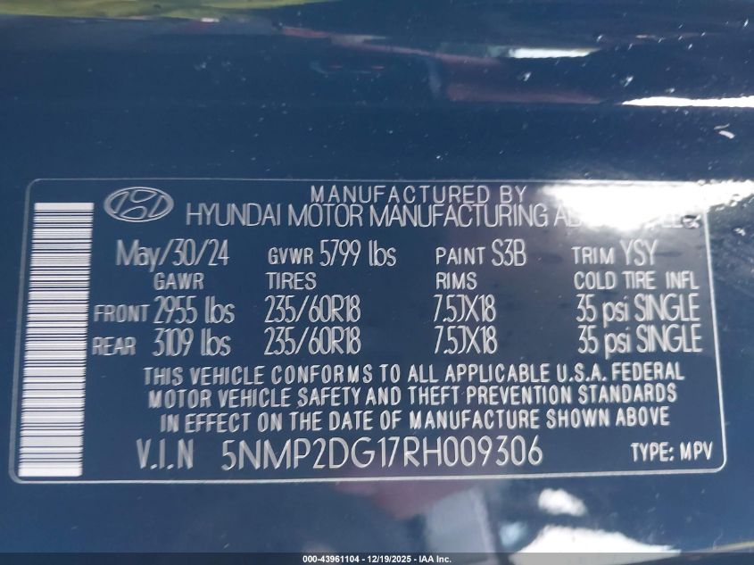 2024 Hyundai Santa Fe Hybrid Sel VIN: 5NMP2DG17RH009306 Lot: 43961104