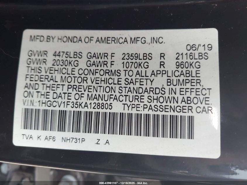 2019 Honda Accord Sport VIN: 1HGCV1F35KA128805 Lot: 43961107
