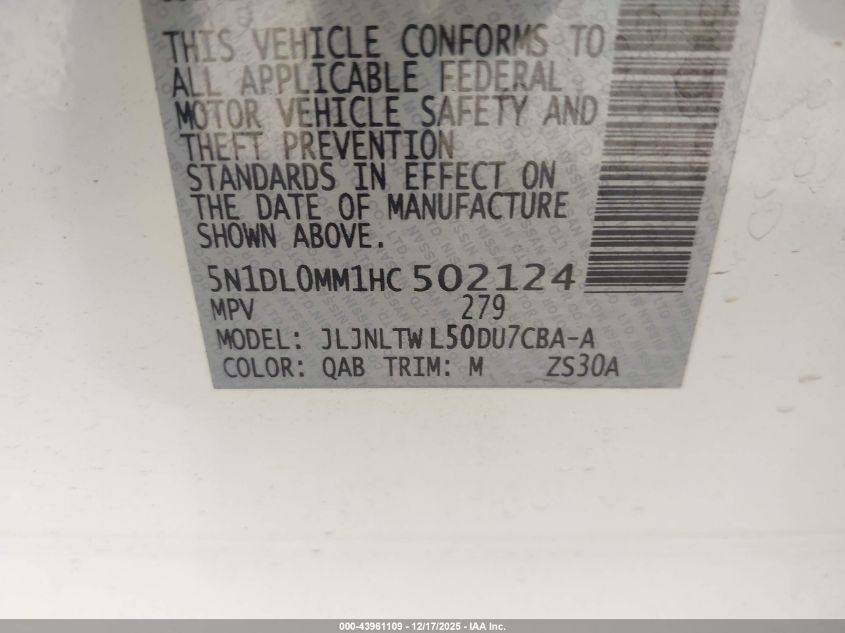 2017 Infiniti Qx60 VIN: 5N1DL0MM1HC502124 Lot: 43961109