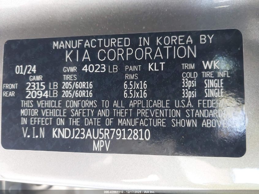 2024 Kia Soul Lx VIN: KNDJ23AU5R7912810 Lot: 43961110