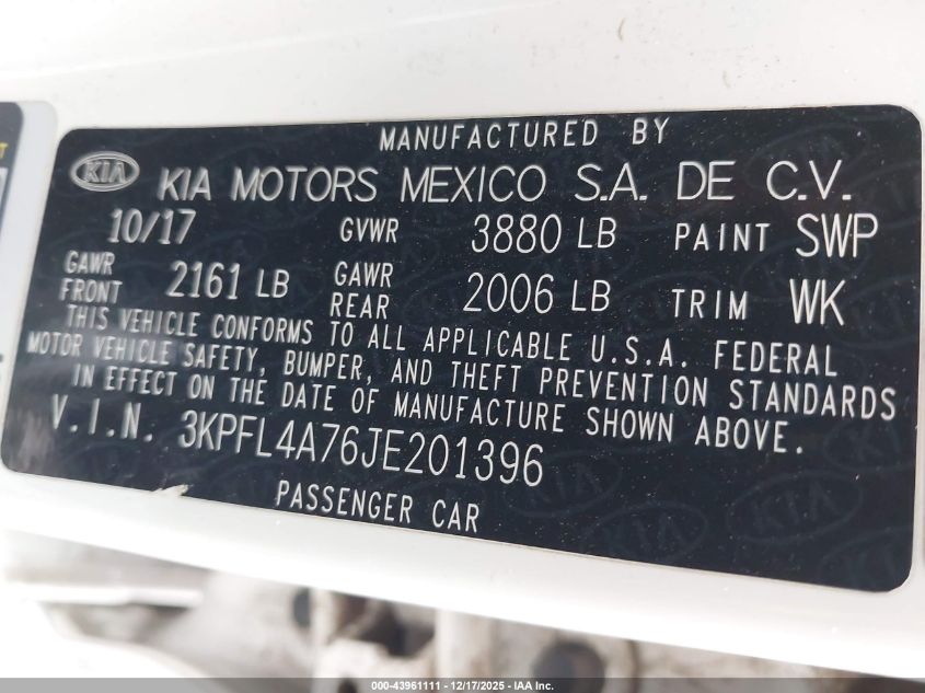 2018 Kia Forte Lx VIN: 3KPFL4A76JE201396 Lot: 43961111